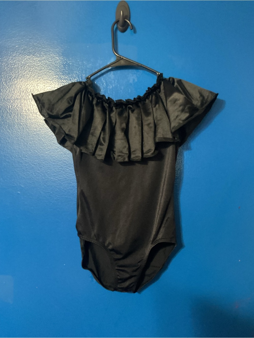 Black Off-Shoulder Ruffle Dance Leotard for Girls